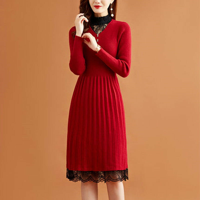 レース切替リブニットワンピースレデ...