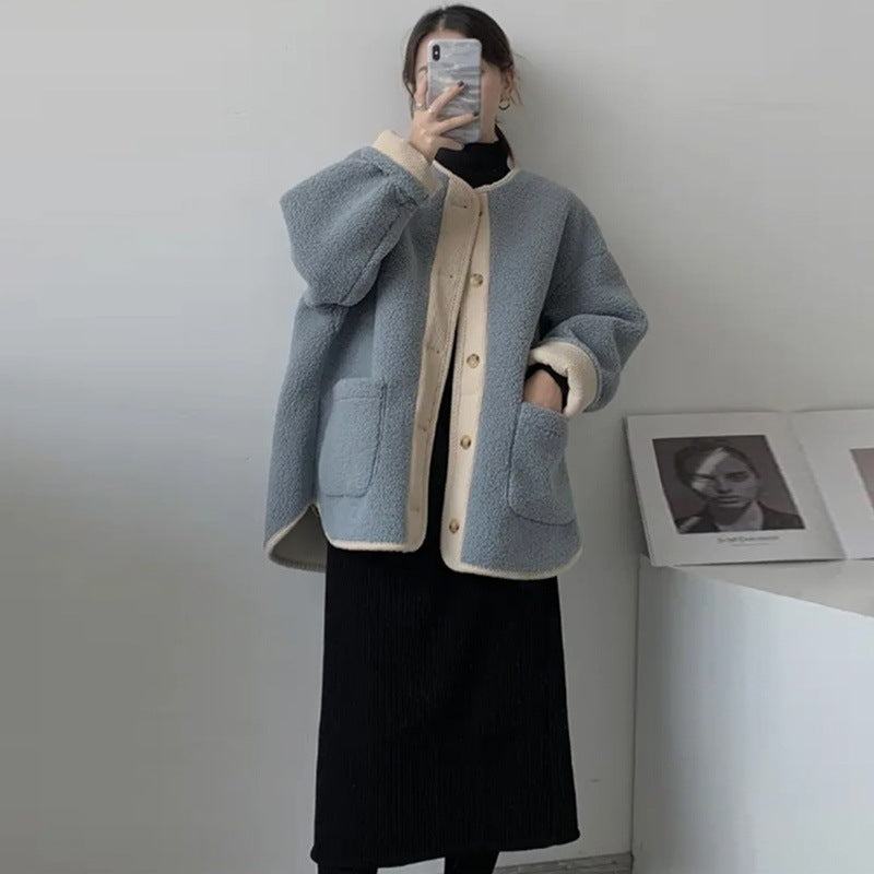Rakuten - ボア ジャケット ノーカラー 長袖 レディース 秋冬 ゆったり 大きいサイズ きれいめ 上品 羽織 通勤 通学 ヘイズブルー アプリコット M-4XL