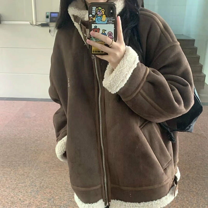 樂天商城 - ムートン風 ボアジャケット レディース 秋冬 裏ボア ジップアップ 綿混 ゆったり 大きめ 通勤 通学 ブラウン S-XL