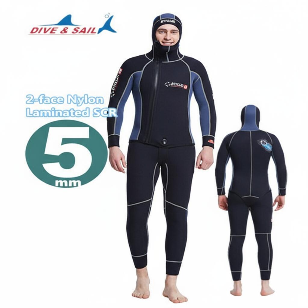 ウェットスーツ 5mm フード付き 2ピース ダイビング スピアフィッシング スキューバ フルスーツ マリンスポーツ シュノーケル 魚突き 手銛のサムネイル