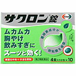 商品説明 制酸薬 サクロン錠は、胃酸の出過ぎやアルコールなどによる胃の不快症状によく効く緑の胃ぐすりです。普段は丈夫な胃も、その時々の体調やアルコールなどの刺激により胃酸分泌が過多になり、胃自体がキズつけられてしまうことがあります。また、過度な飲酒によりアルコールが胃粘膜を直接刺激し、不快症状の原因となります。 サクロン錠は、出過ぎた胃酸の働きを弱め（中和）、分泌を抑制し、キズついた胃粘膜を葉緑素から作られた緑の成分で修復・保護します。 ムカムカ・胸やけ・飲みすぎに。サクロン錠はスーッと飲めば、スーッと効きます。 1．3種類の制酸成分が出すぎた胃酸を効果的に中和します。 2．葉緑素成分由来の銅クロロフィリンカリウムが荒れた胃粘膜に付着して保護するとともに、胃粘膜の肉芽形成を促進して、修復します。 3．スーッとすっきりする服用感です 効能・効果 胸やけ、飲みすぎ、胃痛、胃酸過多、胃もたれ、胃部不快感、胃部膨満感、胃重、胸つかえ、げっぷ、はきけ（むかつき、胃のむかつき、二日酔・悪酔のむかつき、嘔気、悪心）、嘔吐 使用上の注意 してはいけないこと （守らないと現在の症状が悪化したり副作用が起こりやすくなる） 1．本剤を服用している間は，次の医薬品を服用しないでください 胃腸鎮痛鎮痙薬 2．授乳中の人は本剤を服用しないか，本剤を服用する場合は授乳をさけてください （母乳に移行して乳児の脈が速くなることがあります。） 相談すること 1．次の人は服用前に医師又は薬剤師に相談してください （1）医師の治療を受けている人 （2）妊婦又は妊娠していると思われる人 （3）高齢者 （4）本人又は家族がアレルギー体質の人 （5）薬によりアレルギー症状を起こしたことがある人 （6）次の症状のある人 排尿困難 （7）次の診断を受けた人 腎臓病，心臓病，緑内障 2．次の場合は，直ちに服用を中止し，この説明文書をもって医師又は薬剤師に相談してください （1）服用後，次の症状があらわれた場合 ［関係部位：症状］ 皮ふ：発疹・発赤，かゆみ （2）2週間位服用しても症状がよくならない場合 3．次の症状があらわれることがあるので，このような症状の継続又は増強がみられた場合には，服用を中止し，医師又は薬剤師に相談してください 口のかわき，便秘，下痢 その他の注意 母乳が出にくくなることがあります 成分・分量 成人1日量12錠中に次の成分を含みます。 銅クロロフィリンカリウム・・・120mg （荒れた胃粘膜を修復・保護します） 無水リン酸水素カルシウム・・・1020mg （出過ぎた胃酸を直接中和します） 沈降炭酸カルシウム・・・1020mg （出過ぎた胃酸を直接中和します） 水酸化マグネシウム・・・960mg （出過ぎた胃酸を直接中和します） ロートエキス・・・30mg （胃酸の分泌を抑え、痛みを止めます） 添加物として、トウモロコシデンプン、ヒドロキシプロピルセルロース、L-メントール、香料、塩化K、ケイヒ、ステアリン酸Mg、ポビドンを含有します。 用法・用量 次の量を食間および就寝前の空腹時に水またはお湯で服用してください。 ○成人（15歳以上）・・・1回量4錠、1日服用回数3回 ○8歳以上15歳未満・・・1回量2錠、1日服用回数3回 ○8歳未満・・・服用しないこと 内容量 4錠×10包　　×2　お得な2個セット！ 保管及び取り扱い上の注意 （1）直射日光の当たらない湿気の少ない涼しい所に密栓して保管してください。 （2）小児の手の届かない所に保管してください。 （3）他の容器に入れ替えないでください。（誤用の原因になったり品質が変わることがあります。） （4）使用期限（外箱に記載）を過ぎたものは服用しないでください。 お問い合わせ先 ココ第一薬局　045-364-3400 製造販売元（会社名・住所） エーザイ（株） 〒112-8088 東京都文京区小石川4‐6‐10 広告文責 株式会社ココ第一薬品薬剤師：和田　弘 発売元 エーザイ株式会社 生産国 日本 商品区分 医薬品：【第2類医薬品】 楽天国際配送対象商品（海外配送) 詳細はこちらです。 Rakuten International Shipping ItemDetails click here 検索ワード さくろん、サクロン、sakuronn 　こちらの商品は約、　93g　の重さです。 　使用期限まで1年以上あるものをお送りします。