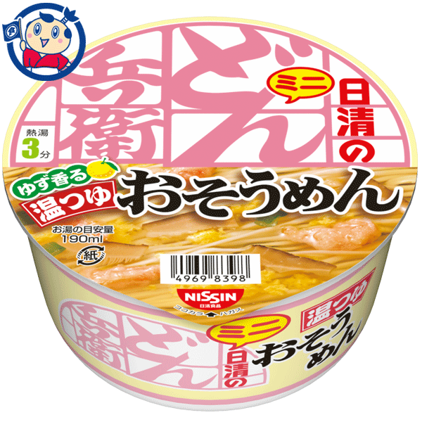 つるっとのどごし!お吸い物感覚のプチそうめん。だしはしっかりと効かせつつ、あっさり食べられる温つゆ仕上げです。おにぎり等と一緒にスープ代わりにもピッタリです。商品の改訂等により、商品パッケージの記載内容と異なる場合があります。商品説明名称即席カップ麺希望小売価格108円 (税別) 内容量35g (30g) ケース入数1ケース12食入JAN49698398保存方法直射日光・高温・多湿を避けて常温で保存原材料油揚げめん（小麦粉、植物油脂、食塩、卵粉、植物性たん白）、スープ（食塩、糖類、醤油、魚介エキス、椎茸エキス、昆布エキス、たん白加水分解物、かつおパウダー、ねぎ、香辛料、魚介調味油）、かやく（小えび天ぷら、味付椎茸、卵）、加工でん粉、調味料（アミノ酸等）、リン酸塩（Na）、炭酸Ca、増粘多糖類、カラメル色素、焼成Ca、乳化剤、酸化防止剤（ビタミンE）、香料、ベニコウジ色素、酸味料、ビタミンB2、ビタミンB1、カロチノイド色素、（原材料の一部に乳成分を含む）栄養成分[1食(35g)当たり]エネルギー161kcalめん・かやく:153kcalスープ:8kcalたん白質3.6g脂質7g炭水化物21.1gナトリウム1.1gめん・かやく:0.4gスープ:0.7gビタミンB10.08mgビタミンB20.08mgカルシウム66mg食塩相当量：2.8g(めん・かやく:1.0g/スープ:1.8g)アレルギー成分表小麦、卵、乳成分、えび、大豆製造（販売）社日清食品株式会社：大阪市淀川区西中島4-1-1　