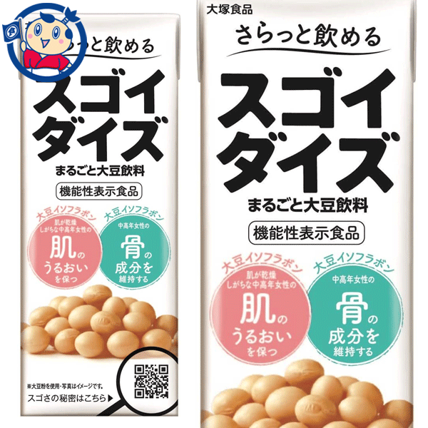 大豆本来のうま味を生かした、無調整タイプ。機能性表示食品のスゴイダイズです。国産大豆を“おから”の部分までまるごと※使用。スゴイダイズならではの大豆の味わいはそのままに、さらっとした口あたりに仕上げました。※大豆粉を使用（うす皮は除いています。）メーカーにて製造終了の場合はご連絡後ご注文をキャンセルさせていただきます。商品の改訂等により、商品パッケージの記載内容と異なる場合がございます。商品説明名称清涼飲料水希望小売価格-内容量200mlJANコード4959127410550賞味期限別途商品に記載保存方法高温・多湿をさけ、直射日光のあたらない場所に保存してください。原材料大豆粉（国内製造）栄養成分1パック（200ml）当たり ■エネルギー：91kcal　■たんぱく質：7.2g　■脂質：5.1g　■コレステロール：0mg　■炭水化物：5.3g（糖質：2.8g、食物繊維：2.5g）　■食塩相当量：0.12g　■カリウム：428mg　■カルシウム：18～50mgアレルギー成分表大豆製造（販売）社大塚食品株式会社　