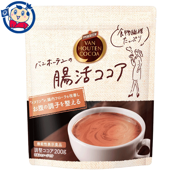 バンホーテン ピュアココアに、水溶性食物繊維イヌリンを配合した機能性表示食品です。 イヌリンには、ビフィズス菌を増やして腸内フローラを改善しお腹の調子を整えることが報告されています。 しっかり密封、便利なチャック付き。一日当たりの摂取目安量：一日一杯20gを目安にお召し上がりください。摂取上の注意：本品は、多量摂取により疾病が治癒したり、より健康が増進したりするものではありません。メーカーにて製造終了の場合はご連絡後ご注文をキャンセルさせていただきます。商品の改訂等により、商品パッケージの記載内容と異なる場合がございます。商品説明名称嗜好飲料希望小売価格430円(税別)内容量200gJANコード4901305406756賞味期限別途商品に記載保存方法高温・多湿をさけ、直射日光のあたらない場所に保存してください。原材料ココアパウダー（ココアバター22％～24％）（オランダ）製造、砂糖、食物繊維（イヌリン）栄養成分-アレルギー成分表-製造（販売）社片岡物産株式会社　