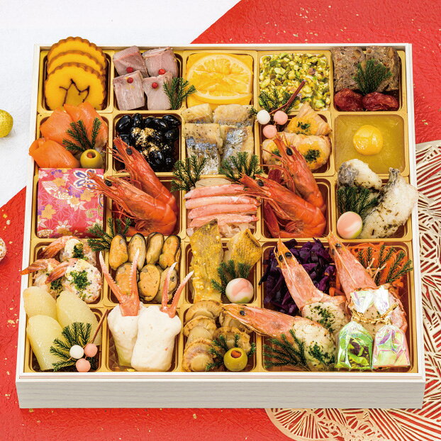 商品案内定番から洋風にアレンジした料理まで、趣向を凝らした33品を堪能できる華やかなおせち。重のサイズ・規格【外寸】31.6×31.6×6.9cm(紙製)消費期限2027年1月2日アレルゲン小麦・卵・乳成分・えび・かに・くるみ配送ヤマト運輸 冷蔵配送についてお届け予定日：12/31(木)※宅配お届け時間の指定は出来かねます。不在時にはヤマト不在票が入りますので、不在票から再配達をご依頼ください。配送できない地域北海道・東北全域・新潟県・茨城県・栃木県・群馬県・千葉県・埼玉県・伊豆諸島・小笠原諸島・九州全域・沖縄県全域へは配送できませんので、ご了承ください。コンビニ決済・銀行振込について振込期限：12/16(水)確認分まで※写真はイメージです。※天候及び交通事情によりお届けが遅くなる場合がございます。※宅配お届け時間の指定は出来かねます。※原料事情等により内容の一部が変更になる場合がございます。※特定原材料7品目（小麦、卵、乳、えび、かに、そば、落花生）を含む場合は表記しています。※万一売切れの節はご容赦ください。