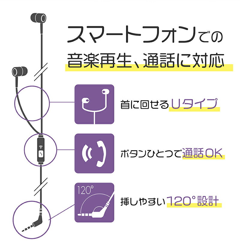 【お得な2本セット！ホワイト＋ブラック】音楽 通話 ステレオ イヤホンマイク iPhone スマートフォン 送料無料 月間優良ショップ 受賞 ハンズフリー 手ぶらで通話 3.5φステレオミニプラグ eca122766-bk、eca122766-wh ゆうパケット バレンタイン ホワイトデー格安通販　バレンタイン　人気　ランキング