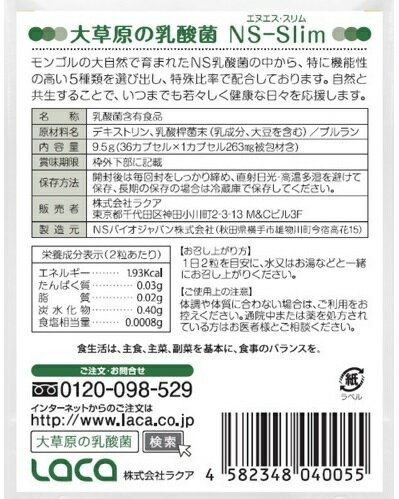 3袋セット 大草原の乳酸菌 36粒 NS-Slim　＋ 小冊子プレゼント！ ラクア NS乳酸菌 ...