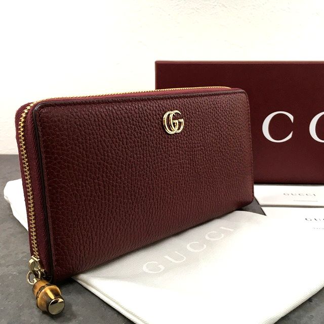 【中古】 送料込み！ 未使用品 GUCCI ジップウォレット 739499 バンブー レッド レザー 箱付き 350