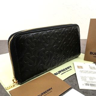 【中古】 送料込み！ 未使用品 BURBERRY ジップウォレット ブラック 牛革 ロゴ 型押し メンズ レディース 153