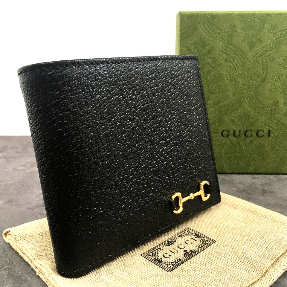 Rakuten - 【中古】 送料込み！ 未使用品 GUCCI 二つ折り財布 700464 ホースビット ブラック レザー 箱付き 391