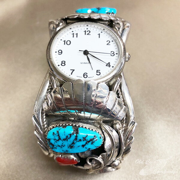 インディアンジュエリー バングル ナバホ 時計 ブレスレット シルバー Indian jewelry - bracelet - キングマン 鉱山 2石 コーラル 2石 レディース ギフト プレゼント おすすめ