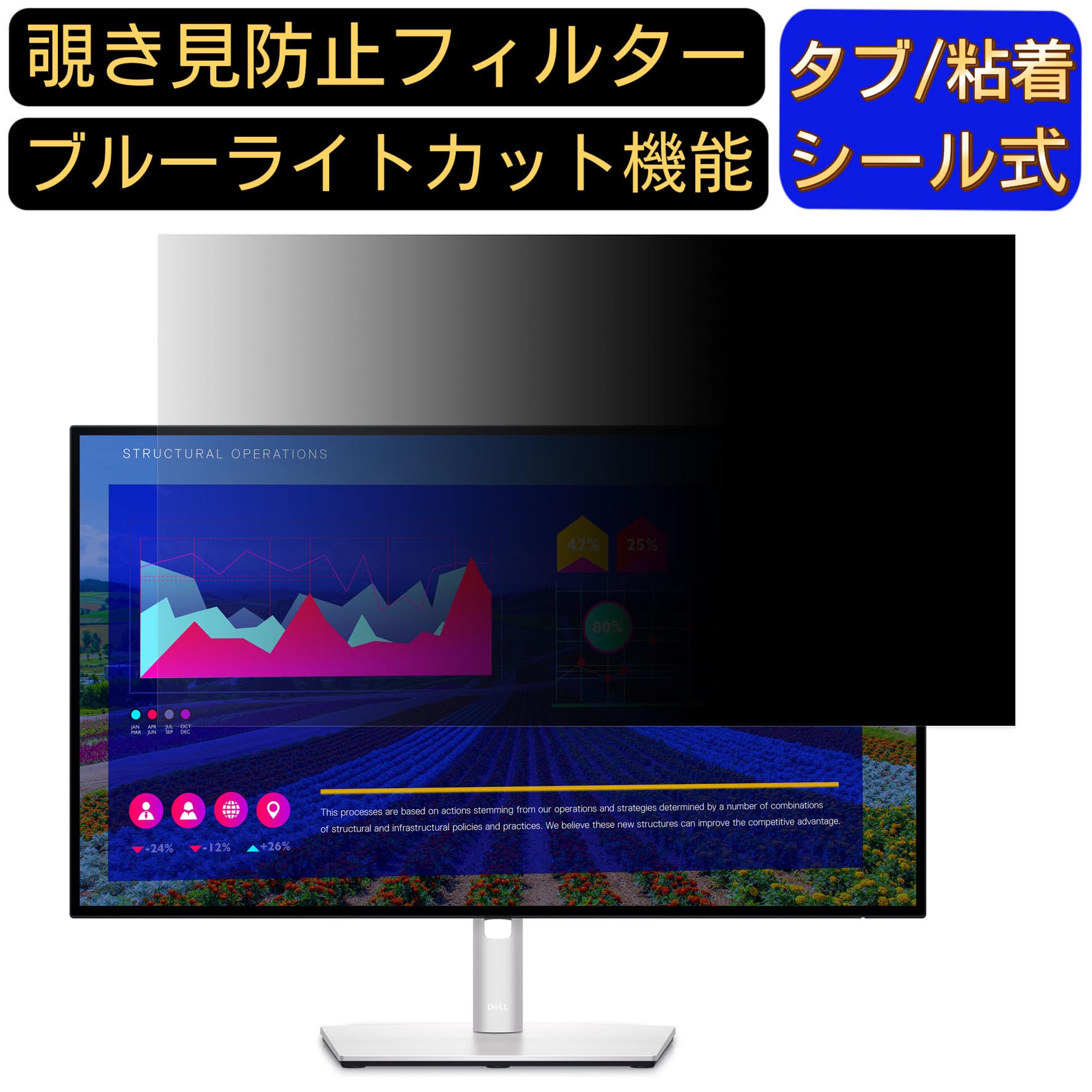 【ポイント2倍】DELL U2722D 向けの 27インチ 16:9 覗き見防止 フィルター プライバシーフィルター パソコンPC モニター 液晶保護フィルム ブルーライトカット 反射防止 パソコン セキュリティーのぞき見防止 両面使用可能 反射防止 着脱簡単 JPフィルム専門製造所