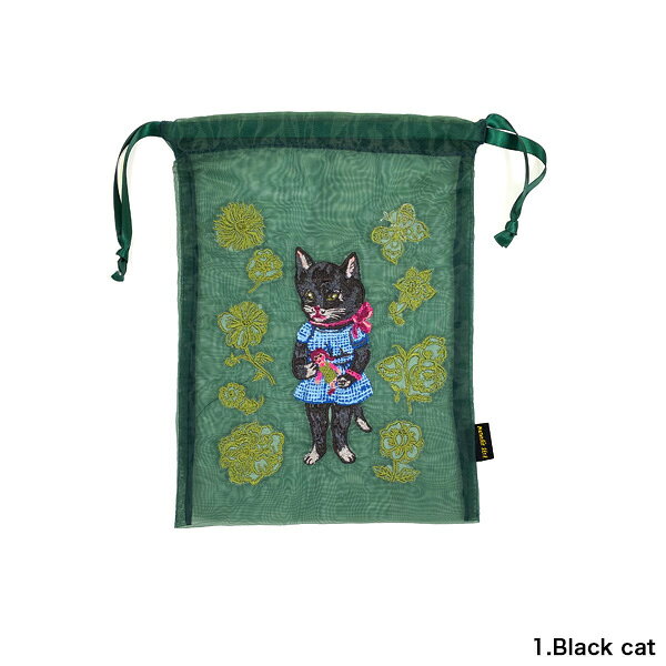 ナタリーレテ オーガンジー ドローストリングポーチ【猫グッズ 猫雑貨 ネコ雑貨 プレゼント 女性 巾着袋 巾着バッグ グッズ ねこ ネコ 柄 小物入れ おしゃれ かわいい 可愛い モチーフ ギフト 猫の小物 好き プチギフト 退職 公式 透け感 刺繍 シースルー 浴衣】の商品画像 2