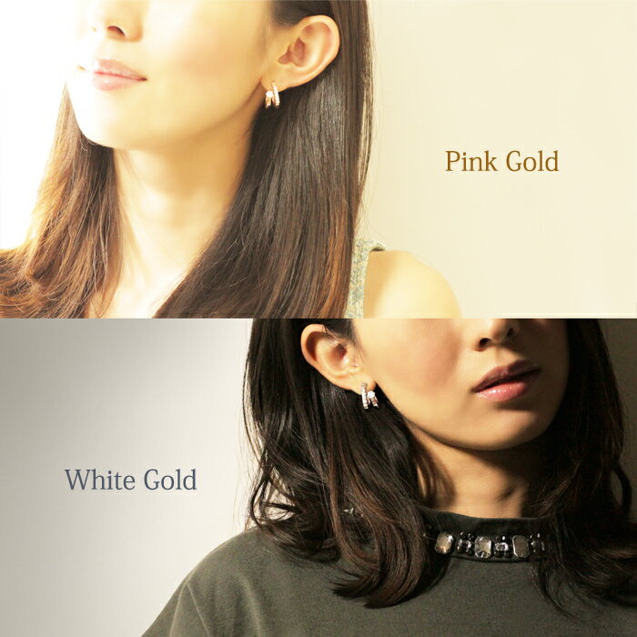 フープピアス/ダブル/フープ/ピアス/キャッチレス/キャッチ/落ちない/レディース/ジルコニア/ピンクゴールド/シルバー/キュービックジルコニア/モード/18金コーティング/K18GP/大人/おしゃれ/大人可愛い/彼女/プレゼント/贈り物/送料無料