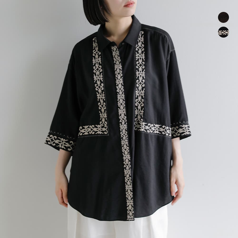 [NEW] Pheeta フィータ 刺繍 5分袖シャツ Jain ph016c-28 レディース