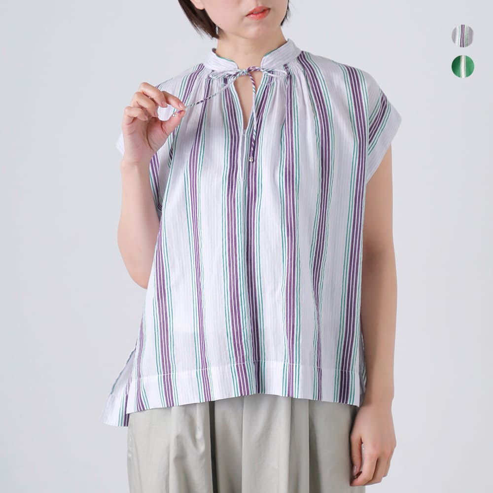Rakuten - ne Quittez pas ヌキテパ コットンボイルストライプ フレンチスリーブ ブラウス Cotton Voile Stripe French Sleeve Blouse 010261wq4 レディース スキッパーブラウス 綿100% ゆったり 2026ss新作 春夏