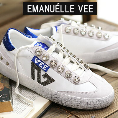 【2025年秋冬新作】【 日本正規取扱店 】 EMANUELLE VEE JEWELRY LEATHER SHOES(WHITE-BLUE)エマニュエル ヴィー ジュエリー レザースニーカー ホワイト ブルー レディース