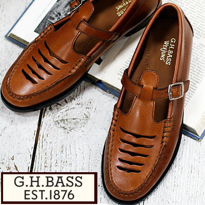 【2023年春夏新作】【日本正規取扱店】G.H.BASS MARY JANE BA41006 COGNAC LEATHERジーエイチバス コニャック ブラウン レザー Tストラップ ローファー レディース