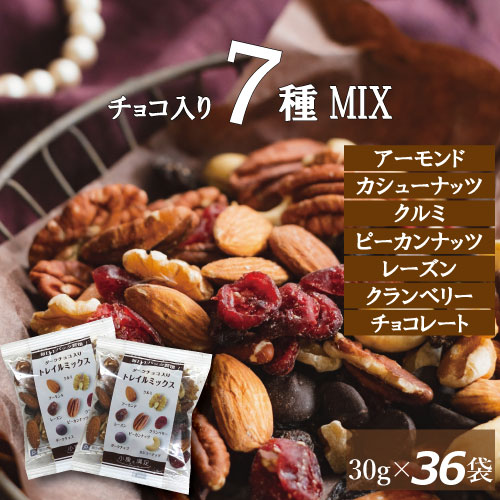 ダークチョコ入りナッツ＆フルーツ 1.08kg(30gx36袋) 送料無料 トレイルミックス アーモンド クルミ ドライフルーツ ミックスナッツ レーズン ダークチョコレート カシュー ピーカン クランベリー 個包装 無塩 小分け 小袋 おやつ ドライフルーツ ミックス おつまみ