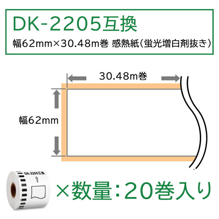 長尺紙テープ(大) DK-2205互換 DK2205 20個セット(ラベルのみ) 幅62mm x 30.48m/巻 ブラザー 感熱ラベルプリンター QLシリーズ用DKテープ（感熱白テープ/黒字）QL-800 QL-820NWB QL-720NW QL-650TD QL-700 あす楽 送料無料 3