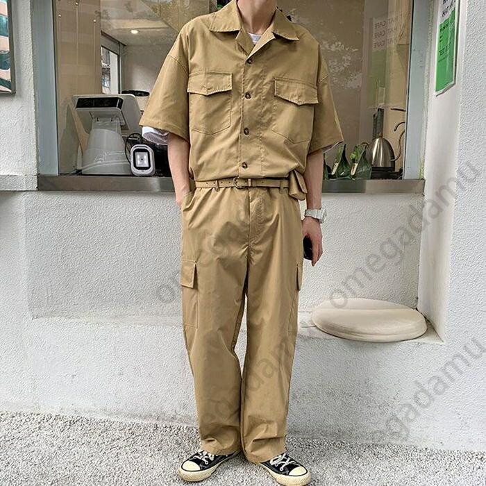 つなぎ メンズ おしゃれ オールインワン ビッグシルエット オーバーサイズ カバーオール ワイドパンツ 作業服 作業着 オーバーオール 一体服 半袖 春秋夏