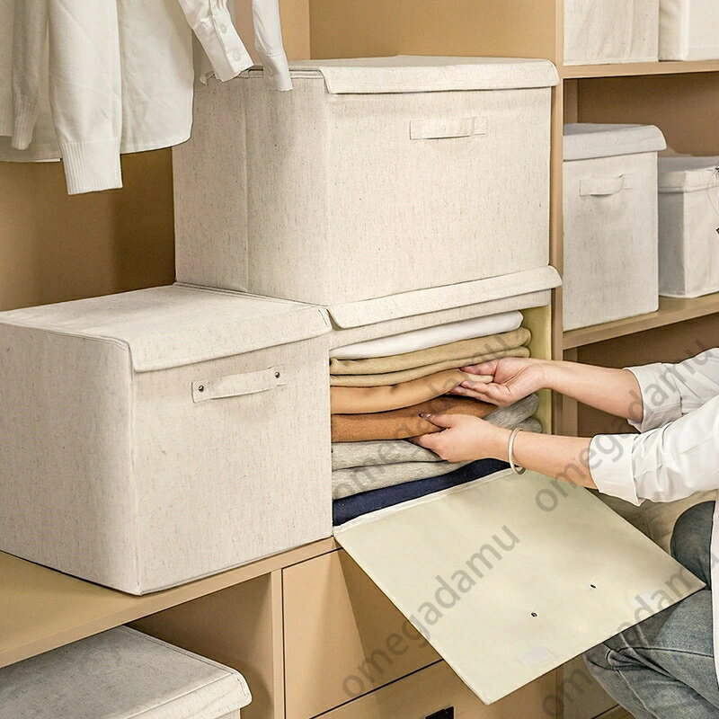 綿麻布製 家庭用 大容量 折りたたみ可能 ダブル開閉蓋 収納ボックス 衣類・布団用 多機能 収納箱
