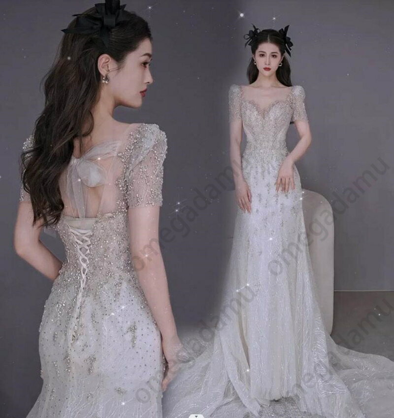 半袖 チュールワンピース ロング丈・マキシ丈 パーティードレス イブニングドレス 二次会 卒業式 ブライダル ステージ衣装 結婚式ドレス ウェディングドレス マーメイドライン 花嫁ドレス マーメイドドレス 編み上げ 白 ホワイト キラキラドレス 眩しい 高級感 お呼ばれ