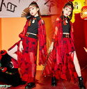 中華風子供ダンス衣装 女の子 キッズ チャイナ風ダンス 衣裳 半袖 ショート丈 黒トップス 赤花柄ガウチョパンツ 袖カバー4点セット ロング丈 チャイナ風羽織付き5点セット 中国風 舞台 ステージ衣装 武術 JAZZ ダンスウェア カンフー 送料無料