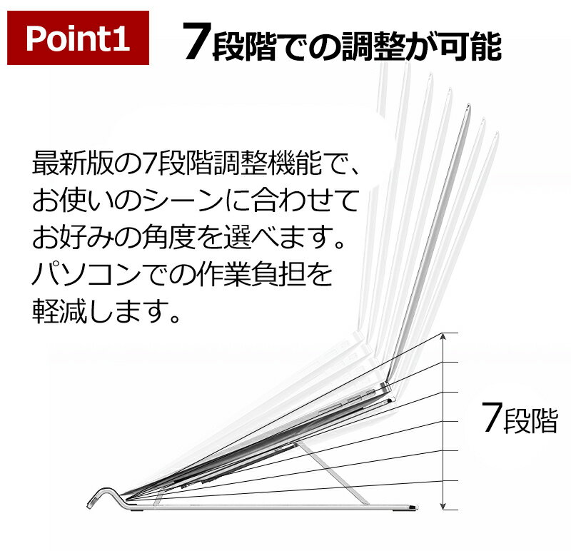 ノートパソコンスタンド　折りたたみ式 ≪最新7段階調整≫ パソコンスタンド コンパクト ノート 角度調整 薄型 軽量 ラップトップスタンド 17インチ 16インチ アルミ タブレット PCスタンド 折り畳み 在宅 リモートワーク 角度 調整 調節 おしゃれ 収納 卓上