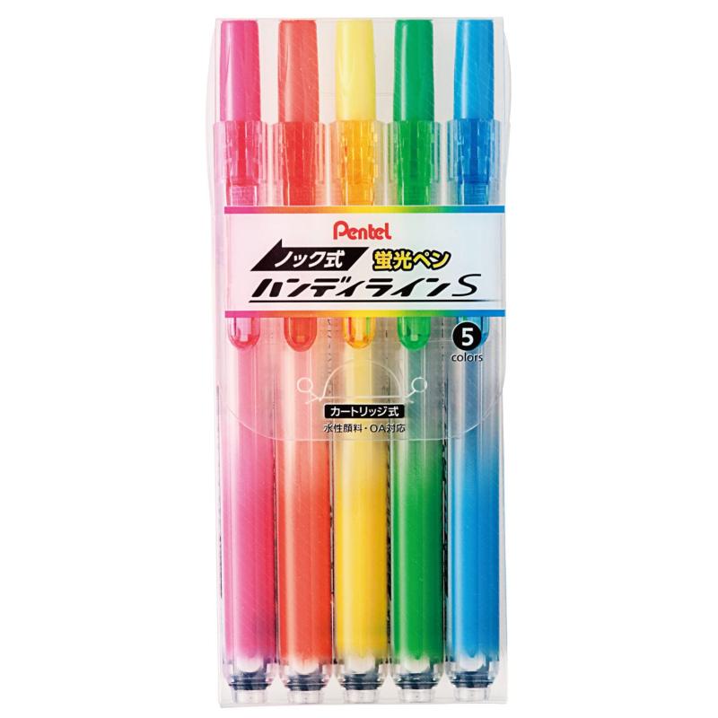 ぺんてる 蛍光ペン ノック式 ハンディラインS SXNS15-5 5色セット1本あたりサイズ/重さ:幅12mm×奥行16mm×長さ145mm/29gインキ色:ピンク・オレンジ・イエロー・ライトグリーン・スカイブルー特長:キャップのないノック式タイプ蛍光マーカーノックひとつでペン先を出し入れできるノック式。経済的なカートリッジ式で本体は繰り返し使用可能。複数店舗にて販売をしておりますため、在庫データの更新が間に合わず、欠品にも関わらず、注文ができる場合がございます。その際は、キャンセルにて対応を取らせていただきます。当店はお電話のお問い合わせはお受けしておりませんので、ご了承ください。お問い合わせは、問い合わせフォームにてお願いをいたします。