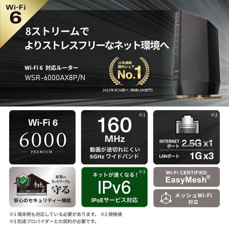 バッファロー WiFi 無線LAN Wi-Fi 6 11ax AX6000 4803+1147Mbps 日本メーカー 【 iPhone 15 / 14 / iPhone SE (第三世代) / Nintendo Switch / PS5 動作確認済み