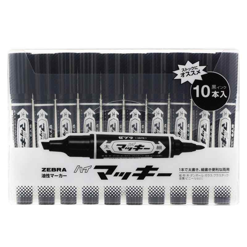 ゼブラ 油性ペン ハイマッキー 黒 10本 透明ケース付 MO-150-MC-BK10HC【マッキー】1本で太書き・細書き便利な両用【特長1】速乾性・耐水性に優れている【特徴2】紙・布・木・ダンボール・ガラス・プラスチック・金属・ビニール類など幅広く利用可能浮き輪等の軟質塩化ビニール製品には適しません【インク】油性染料/黒インク【線幅】太字:6mm/細字:1.5mm~3mm【入数】10本入り/透明ケース入り複数店舗にて販売をしておりますため、在庫データの更新が間に合わず、欠品にも関わらず、注文ができる場合がございます。その際は、キャンセルにて対応を取らせていただきます。当店はお電話のお問い合わせはお受けしておりませんので、ご了承ください。お問い合わせは、問い合わせフォームにてお願いをいたします。