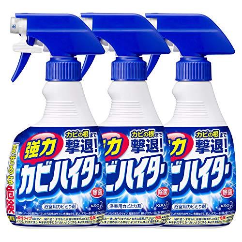 花王 強力カビハイター ハンディスプレー 3個セット商品仕様：幅約10×奥行約5.8×高さ約21.05cm、内容量400ml×3個セット、品名はカビ取り用洗浄剤です成分と液性：次亜塩素酸塩、水酸化ナトリウム（0.5%）、界面活性剤（アルキルアミンオキシド）、安定化剤を配合し、アルカリ性の液性で、使用量の目安は1平方メートル当たり約10回スプレーです原産国：日本製の高品質なカビ取り剤です使用上の注意：使用前に使い方と使用上の注意をよくお読みください。体調がすぐれない方や、心臓病・呼吸器疾患等の方は使わないでください。窓や戸を開ける、換気扇を回す等換気する（2ヶ所以上開けると換気効果が高い）。炊事用手袋、マスク、目の保護に眼鏡等を着用する。入浴中には絶対に使用しない。用途外に使わない。認知症の方などの誤飲を防ぐため、置き場所に注意する。液が目に入らないよう注意する。液が皮ふや衣類につかないよう注意する。単独で使用する。酸性タイプの製品や食酢・アルコール等と混ざると有害なガスが発生して危険。1度に大量に使ったり、続けて長時間使わない。酸性タイプの製品と一緒に使う（まぜる）と有害な塩素ガスが出て危険。液が目に入ったら、すぐ水で洗う。子供の手にふれないようにする応急処置：目に入った時は失明のおそれがあるため、こすらずただちに流水で15分以上洗い流し、痛みや異常がなくても直後に眼科医に受診する。飲み込んだ時は、吐かずに、すぐ口をすすぎ、コップ1～2杯の牛乳か水を飲む等の処置をし、医師に相談する。皮ふについた時はすぐに水で充分洗い流す。異常が残る場合は皮ふ科医に相談する。使用中、目にしみたり、せき込んだり、気分が悪くなった時は使用をやめてその場から離れ、洗眼、うがい等をする。いずれも受診時は商品を持参する強力な密着泡：一般的なカビとり剤に比べ粘度2倍の泡が密着して効き続け、カビの根まで撃退する塩素系のスプレータイプの浴室用カビとり剤です複数店舗にて販売をしておりますため、在庫データの更新が間に合わず、欠品にも関わらず、注文ができる場合がございます。その際は、キャンセルにて対応を取らせていただきます。当店はお電話のお問い合わせはお受けしておりませんので、ご了承ください。お問い合わせは、問い合わせフォームにてお願いをいたします。