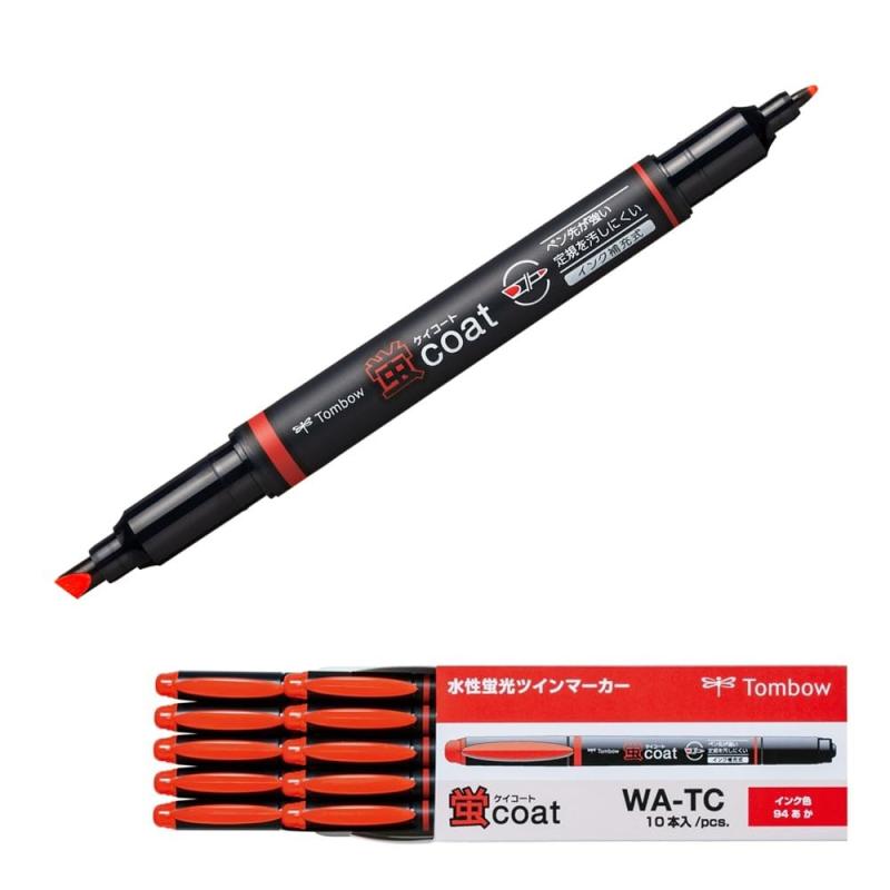 トンボ鉛筆 蛍光ペン 蛍コート ツインタイプ 赤 (強いペン先 ポリマーコート芯) 10本 WA-TC94-10P【太芯】3.8mm／ペン先の周囲をガードしたポリマコート芯【細芯】0.8mm／丈夫なプラスチック芯【仕様】インク補充式（別売の補充インク「蛍コートチャージャー」で補充可能）【単品サイズ】最大幅16×全長141mm／本【入数】10本入り複数店舗にて販売をしておりますため、在庫データの更新が間に合わず、欠品にも関わらず、注文ができる場合がございます。その際は、キャンセルにて対応を取らせていただきます。当店はお電話のお問い合わせはお受けしておりませんので、ご了承ください。お問い合わせは、問い合わせフォームにてお願いをいたします。