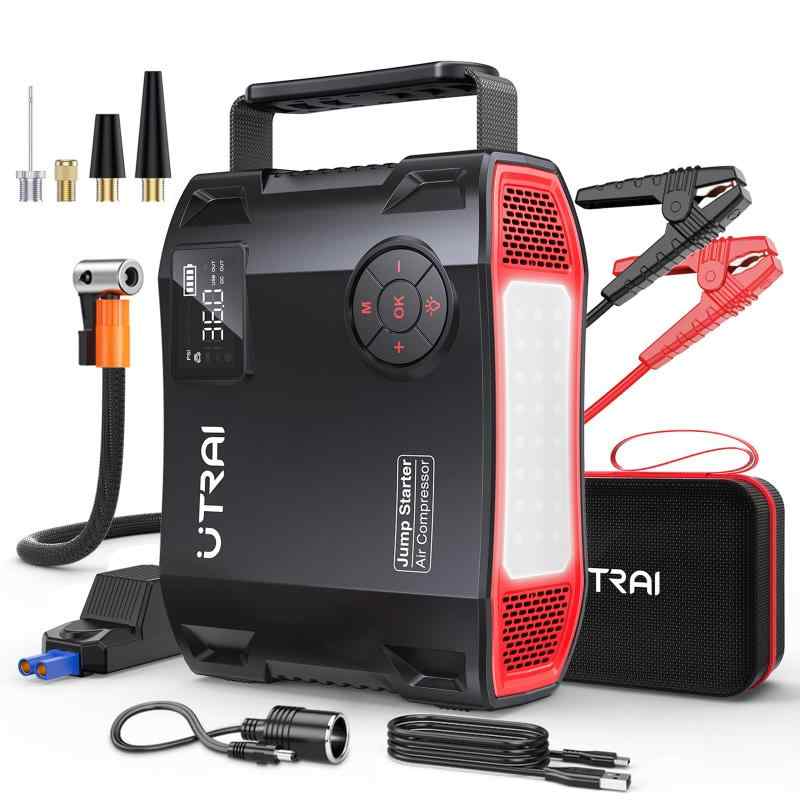 UTRAI ジャンプスターター 空気入れ付き 6000A大電流 27000mAh 大容量 150PSI空気入れ 12V車 スターター（ガソリン車 12L以下ディーゼル HV車）USB出力 QC3.0急速充電 LEDライト PSE認証済み