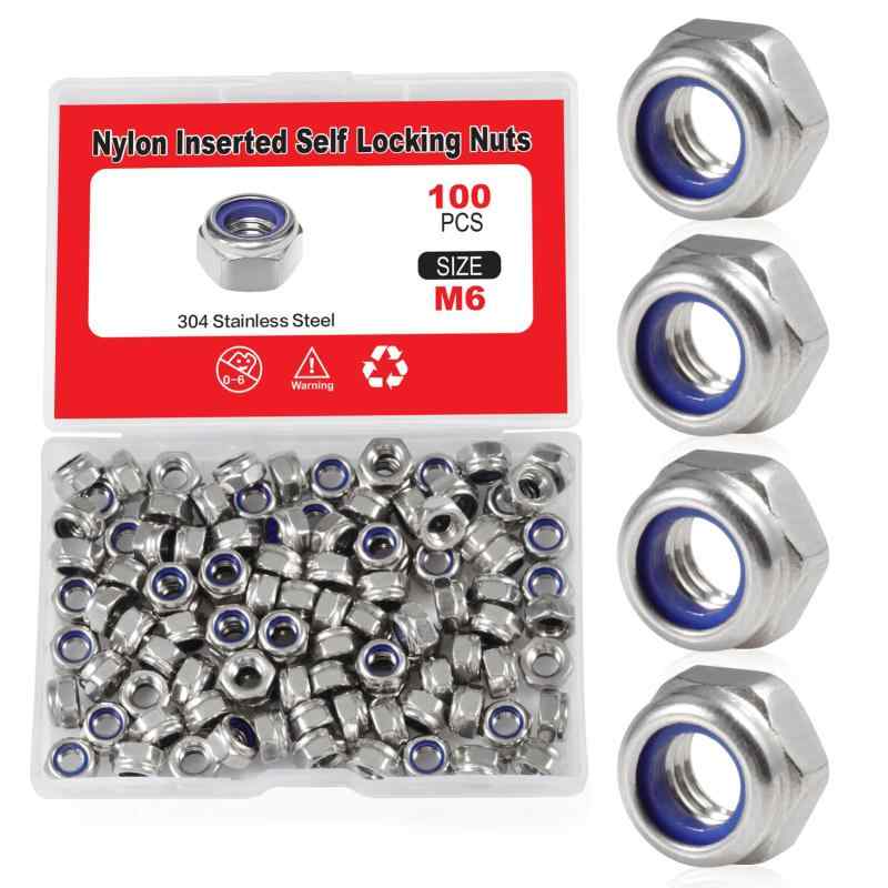 SPEEDWOX 100 PCS M6 x 9.8mmナイロンインサートナットロックナット セルフロックナット304ステンレス鋼 ロックワッシャー用収納ボックス付き六角ロックナット