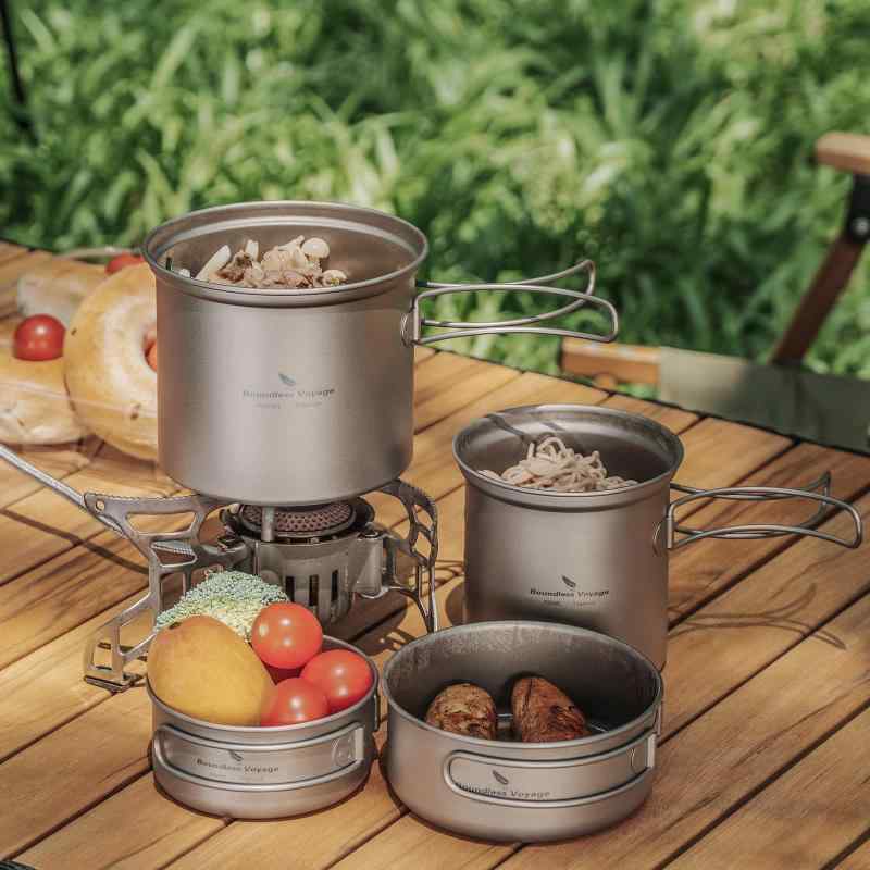 Boundless Voyage チタンクッカーセット ソロキャンプ コッヘル フライパン ポット 登山鍋 キャンピング調理器具 軽量 コンパクト 折りたたみハンドル クッカーセット アウトドア キャンプ用品 omichi-store-10631994 シオカゼ商店 サンプル画像2
