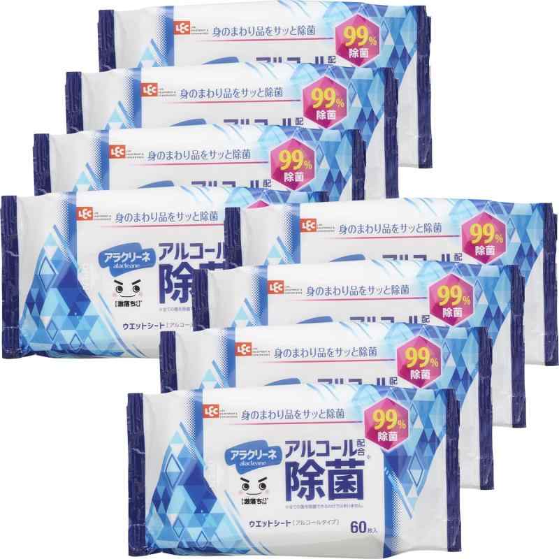 レック アラクリーネ アルコール配合 99%除菌 ウェットシート 60枚入×8個 【激落ちくん】/ 日本製/身のまわり品をサッと除菌/手指の汚れ落としにも /シートサイズ：180x125mm / 内容量：60枚入x8P / 日本製アルコール配合で99％除菌ウェットティッシュです(全ての菌を除菌できるわけではありません)身のまわり品の除菌に。手や指の汚れ落としにも使えます。1枚取っても次のシートが出てこないタイプにしていますので、指で押し込んでシートを戻す必要がなく、衛生的にご使用できます。【激落ちくん】のウェットティッシュ。コンパクトサイズで持ち運びにも便利です。複数店舗にて販売をしておりますため、在庫データの更新が間に合わず、欠品にも関わらず、注文ができる場合がございます。その際は、キャンセルにて対応を取らせていただきます。当店はお電話のお問い合わせはお受けしておりませんので、ご了承ください。お問い合わせは、問い合わせフォームにてお願いをいたします。