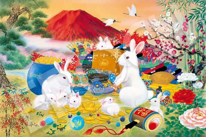 エポック社 1500スモールピース ジグソーパズル イラスト/アート 縁起画 開運幸福うさぎ (50×75cm) 15-600 のり付き ヘラ付き 点数券付き EPOCH
