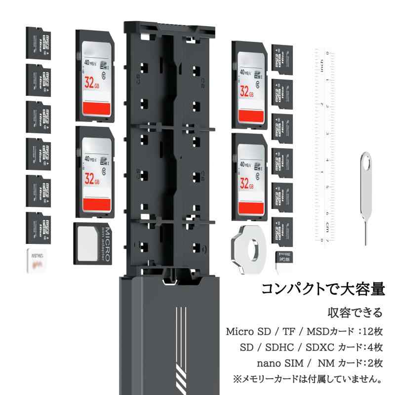 JJC 18 スロット メモリーカードケース 4枚 SD SDHC SDXC カード + 12枚 Micro SD TF MSD カード + 2枚SIMカード 収納可能 SDカードケース 大容量 軽量 薄型 防塵 携帯便利 SIMカードピン カラビナ ミ