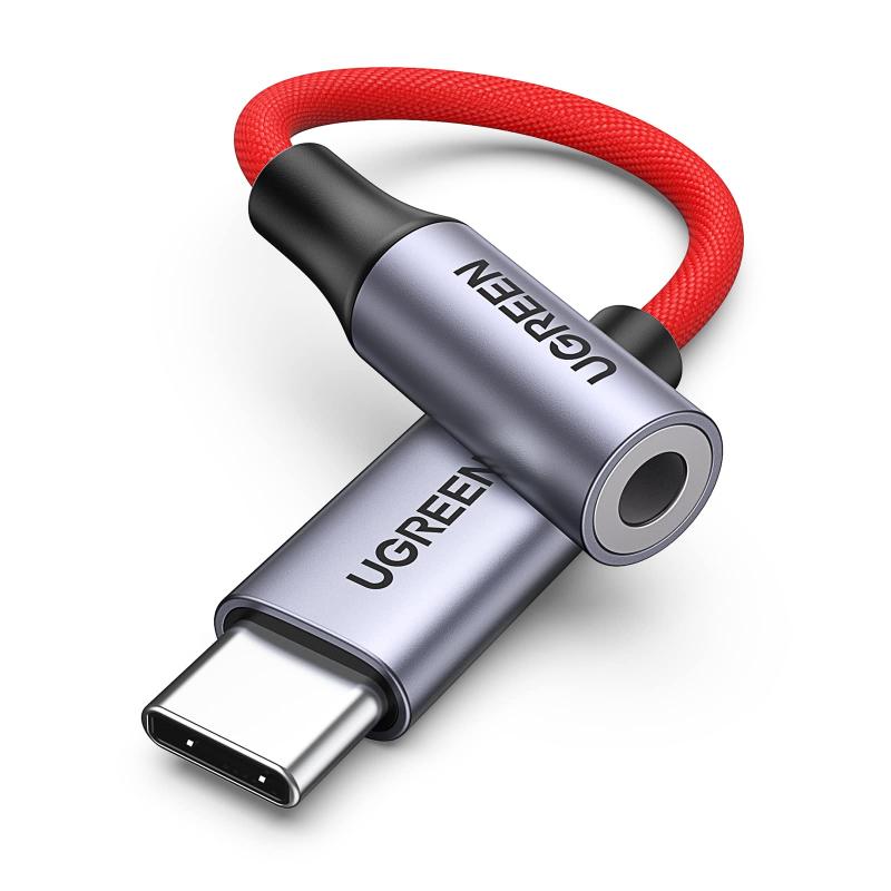 UGREEN USB C to 3.5mm イヤホン変換アダプター 24bit/96KHz TRRS/4極 シルバー/赤の織り