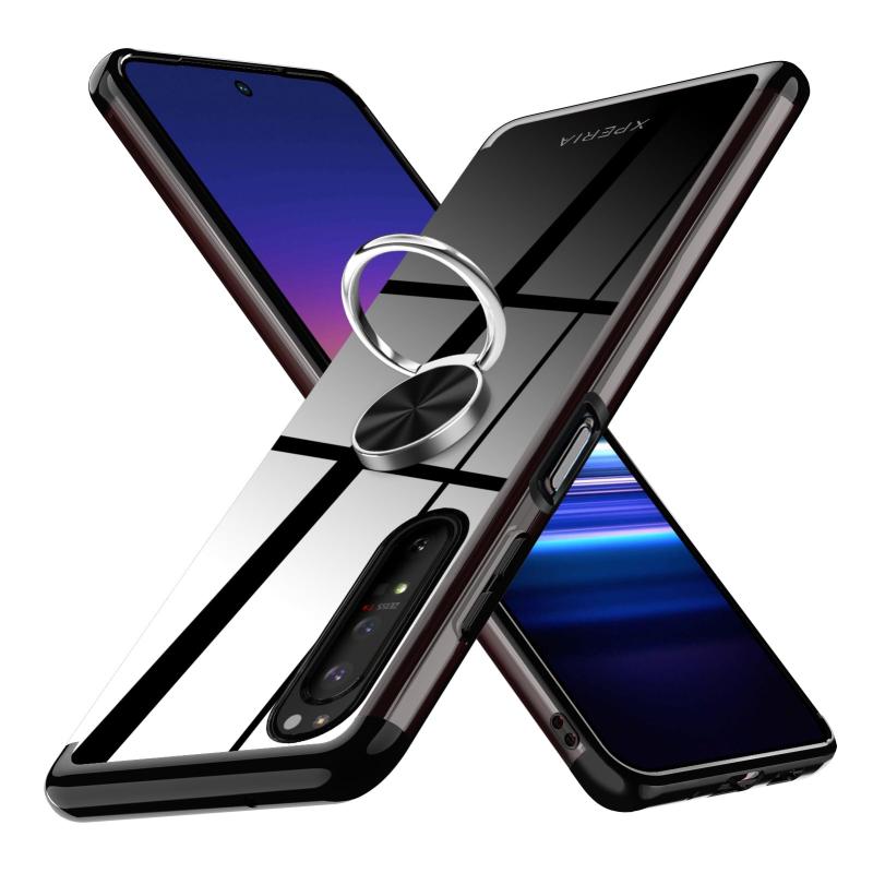樂天商城 - CMYFPOFL ケース 対応 Xperia 1 II 用の ケース リング クリア 耐衝撃 SO-51A SOG01 カバー 透明 TPU 軽量 薄型 ストラップホール付き 黄変防止 360°回転 車載ホルダー ブラック黒 2-Xp1 ii-01