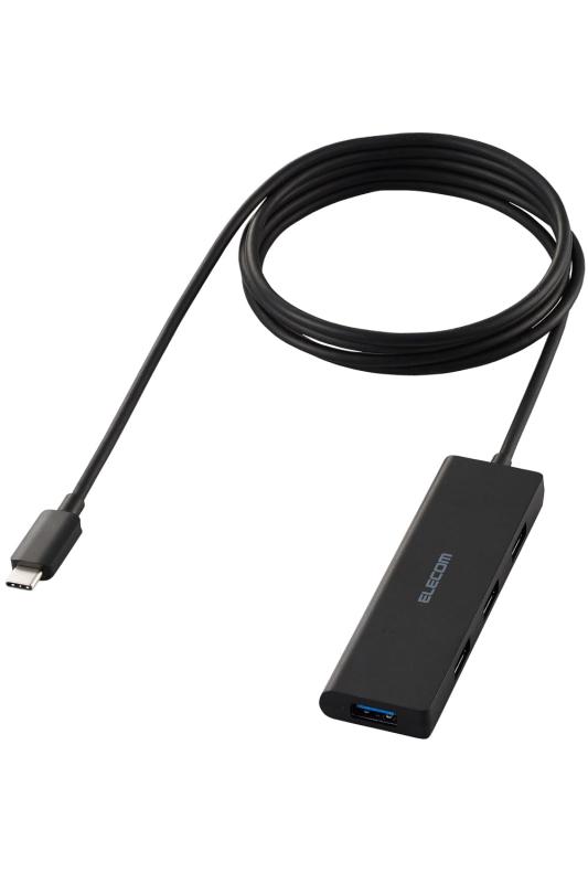 エレコム USBハブ USB-C接続 USB3.2(Gen1) 5Gbps 4ポート バスパワー 150cm ケーブル 小型・軽量設計 ブラック U3HC-H044BK/EUSB-Aポートを増やしてデスクまわりをすっきり。4つのUSB-Aポートを搭載した、USB Type-C(TM)接続のUSBハブです。USB 5Gbps(USB3.2(Gen1))で高速データ転送が可能です。150cmのロングケーブルです。本製品はUSBポートを増設するための製品です。本製品を使用してスマートフォン・タブレットを充電することはおすすめできません。USB 5Gbps(USB3.2(Gen1))対応でUSB2.0の10倍以上の転送速度を実現します。 理論値USB 5Gbps(USB3.2(Gen1))でご使用になるには、機器側がUSB 5Gbps(USB3.2(Gen1))に対応している必要があります。機能を絞った厚さ約10mm、約60gのコンパクト設計です。複数店舗にて販売をしておりますため、在庫データの更新が間に合わず、欠品にも関わらず、注文ができる場合がございます。その際は、キャンセルにて対応を取らせていただきます。当店はお電話のお問い合わせはお受けしておりませんので、ご了承ください。お問い合わせは、問い合わせフォームにてお願いをいたします。