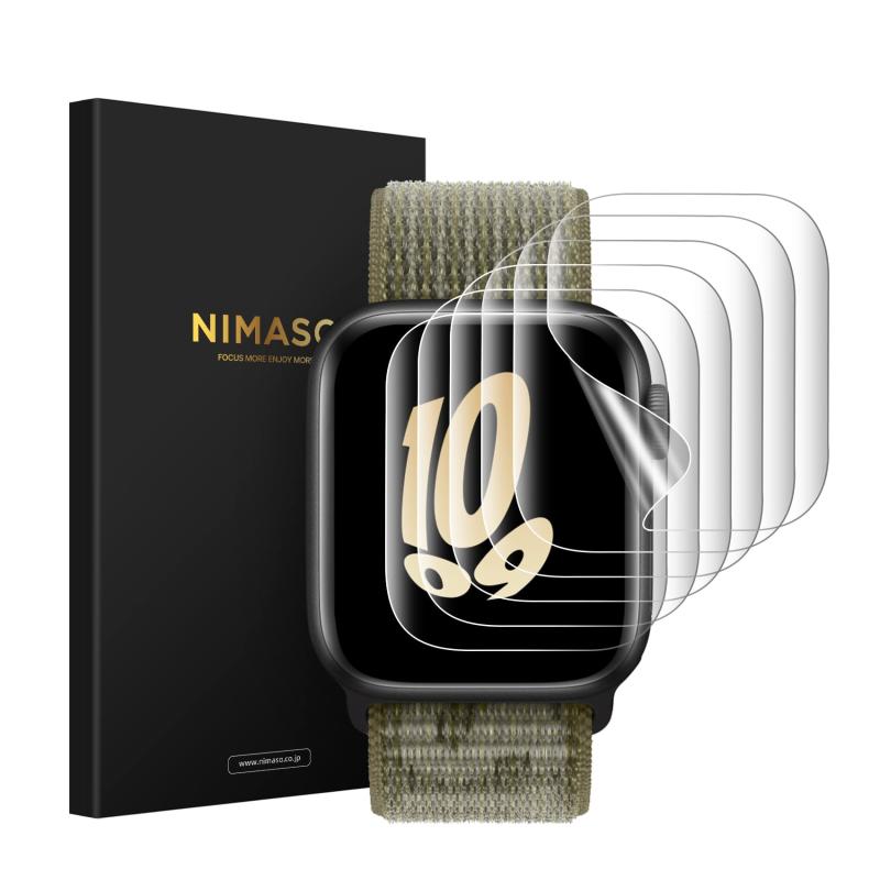 【6枚組】 NIMASO Apple Watch 44 / 42mm 用 保護 フィルム Apple Watch series SE 3（2025）/ SE 2（2023）/SE（2022）/ 6 / 5 / 4 / 3 対応 NSW21C202対応機種：Apple Watch se/ se2/ se3 / Apple Watch Series/Series 2/ 3/ 4/ 5/ 6 (44/42mm) 用 *Apple Watch SE(2025)(2023)(2022)に対応しております。高透過率＆高感度タッチ：高透過率を持つ極薄TPU素材製、フィルムの装着感はゼロで、高い透明感Apple Watch画面の精細さを保ちます。高い品質なTPUで優れたタッチ感を実現します。面白い貼り付け方法：フィルムの上はステップ(1)、(2)と(3)のローマ字を書いています。パッケージに含まれる日本語の取扱説明書をよく読み、面白い貼り付けのプロセスを楽しみましょう。＊環境保護のコンセプトに基づいて、再利用可能なクロスは4枚のみ提供しています。予めご了承ください。防水性と疎油層：本製品は疎油層と防水性能を備えていますので、日常的な使用には心配しません。キズレスと気泡レス：優れた伸縮性を持っていて、フィルム表面の細いキズと貼り付け時に小さい気泡が発生てしまった場合、通常24時間内で消えます。*ロット生産により、シリカゲル製滑り止めマットが方形の可能性もございますが、使用上には影響になりませんので、ご安心してください。複数店舗にて販売をしておりますため、在庫データの更新が間に合わず、欠品にも関わらず、注文ができる場合がございます。その際は、キャンセルにて対応を取らせていただきます。当店はお電話のお問い合わせはお受けしておりませんので、ご了承ください。お問い合わせは、問い合わせフォームにてお願いをいたします。