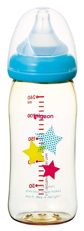 【プラスチック製 240ml】 ピジョン Pigeon 母乳実感 哺乳びん スター柄 0ヵ月から(付属の乳首は3ヵ月頃から) おっぱい育児を確実にサポートする哺乳びん12年連続 たまひよ赤ちゃんグッズ大賞2021・哺乳びん部門1位母乳育児を応援する哺乳びん。赤ちゃんがママのおっぱいを飲むお口の動きを60年に渡って研究し作られた、母乳実感乳首付き。[製造国] タイ[素材] フード・キャップ:ポリプロピレン<br>乳首:合成ゴム(シリコーンゴム)<br>びん:ポリフェニルサルホン(PPSU)[対象] 3ヶ月 ~複数店舗にて販売をしておりますため、在庫データの更新が間に合わず、欠品にも関わらず、注文ができる場合がございます。その際は、キャンセルにて対応を取らせていただきます。当店はお電話のお問い合わせはお受けしておりませんので、ご了承ください。お問い合わせは、問い合わせフォームにてお願いをいたします。