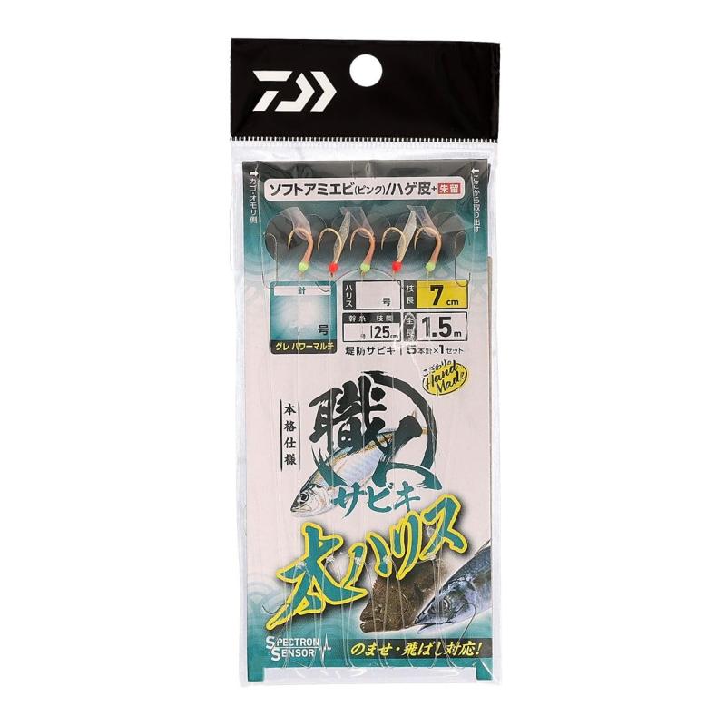 ダイワ(DAIWA) 仕掛け 職人サビキ 太ハリス5本SAピンク&amp;ハゲ皮 7-6-7堤防サビキの新提案。太めのライン仕様で「飛ばし」「落とし込み」が可能に。ショートタイプは連結も可能太めのライン（ハリス・幹糸共に）仕様なので飛ばし」や「落とし込み」にも対応太軸・小針形状のグレ針を採用小針が功を奏して吸い込みにも優れ、更には太軸設計の為に不意な大物へも対応を可能。疑餌はソフトアミエビ　ピンクを中心にケイムラ、サバ皮オーロラ、ハゲ皮とあるゆるシュツエーションに対応の充実のラインナップラインナップは4種類　5本針1セットが2シリーズ　3本針2セットが2シリーズ（連携可能）複数店舗にて販売をしておりますため、在庫データの更新が間に合わず、欠品にも関わらず、注文ができる場合がございます。その際は、キャンセルにて対応を取らせていただきます。当店はお電話のお問い合わせはお受けしておりませんので、ご了承ください。お問い合わせは、問い合わせフォームにてお願いをいたします。