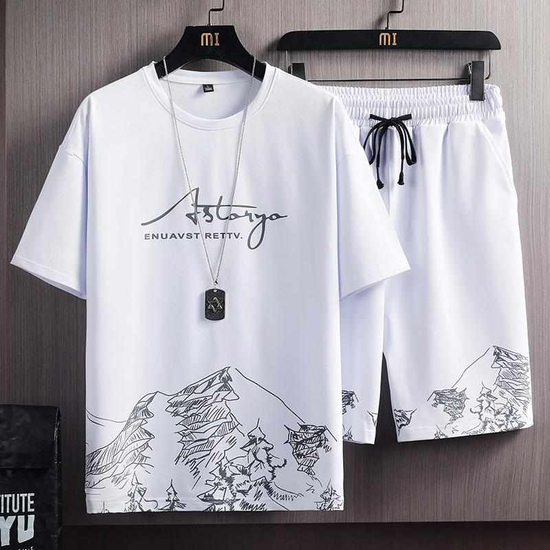 Tシャツ メンズ 上下セット 半袖 スポーツウェア 2点セット 山柄 プリント おしゃれ 韓国風 スリム 大きいサイズ 春夏 通気性 運動着・スタイル: スポーツ・厚さ: 普通・パンツ丈: ショートパンツ・トップススタイル: Tシャツ・袖丈: 半袖・フード: なし・素材名: 化繊混紡・メイン素材: ポリエステル100%・着用シーン: スポーツ・カラー展開: 雪山ホワイトセット, 雪山ブラックセット, 雪山白トップス黒パンツセット, 雪山ホワイトTシャツ, 雪山ブラックTシャツ, 都市ホワイトセット, 都市ブラックセット, 都市ブラックTシャツ, 都市ホワイトTシャツ, 自転車ホワイトセット, 自転車ブラックセット, 自転車ホワイトTシャツ, 自転車ブラックTシャツ・サイズ展開: M, L, XL, 2XL, 3XL, 4XL, 5XL・製品カテゴリ: メンズカジュアルセットアップ