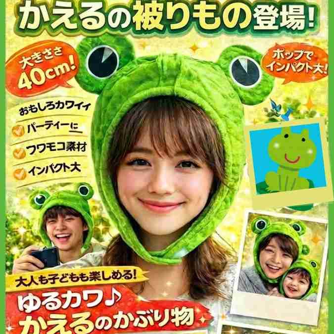 カエル　被り物　帽子　コスプレ　ぬいぐるみ　国内40cm　【残3】