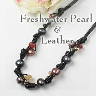 淡水パール10mm＆天然石皮紐ネッ...