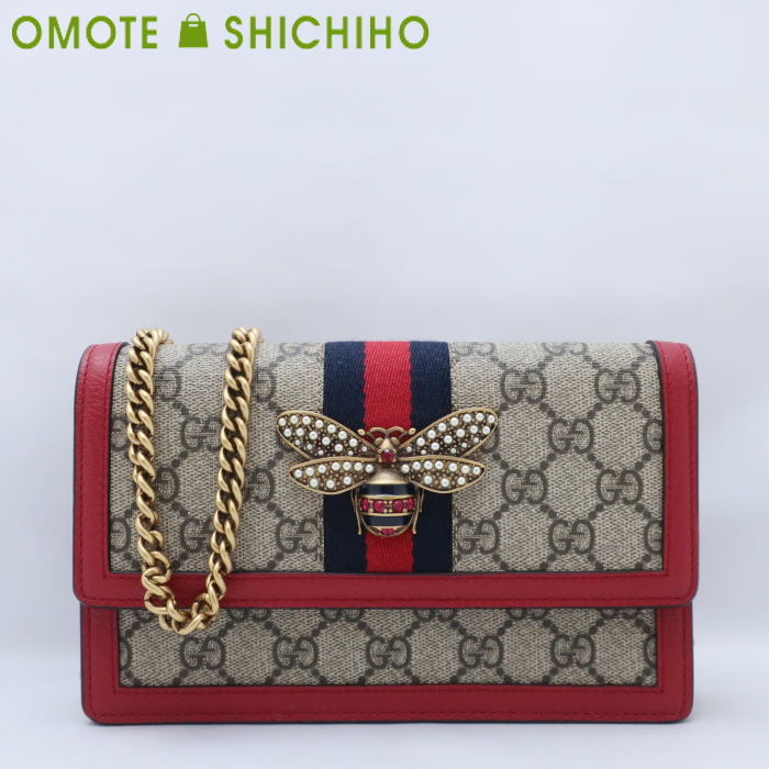 【未使用品】GUCCI グッチ チェーンウォレット 財布 チェーンショルダー ショルダーバッグ クイーンマーガレット GGスプリーム ビー 蜂 ベージュ レッド 476079 レディース 美品【中古】